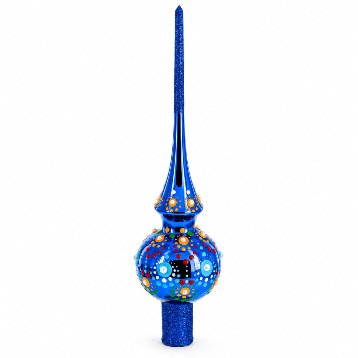 Glossy Blue with Festive Accents Glass Christmas Tree Topper