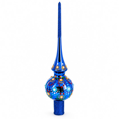 Glossy Blue with Festive Accents Glass Christmas Tree Topper