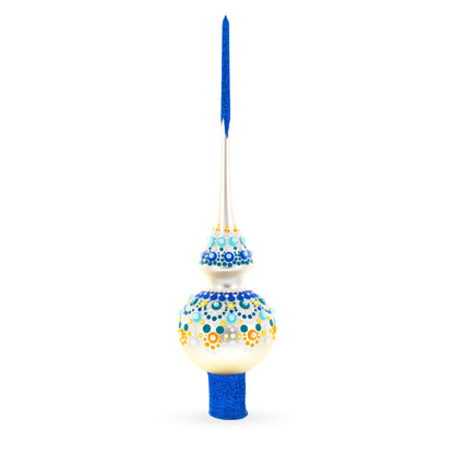 Chic Iridescent Pearl with Blue Embellishments Glass Christmas Tree Topper 11 Inches