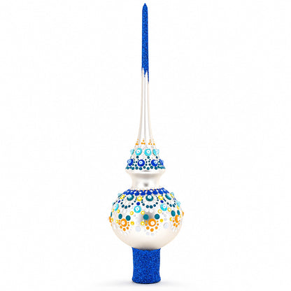 Chic Iridescent Pearl with Blue Embellishments Glass Christmas Tree Topper 11 Inches
