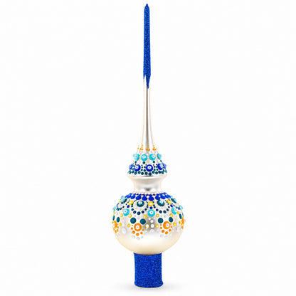Chic Iridescent Pearl with Blue Embellishments Glass Christmas Tree Topper 11 Inches