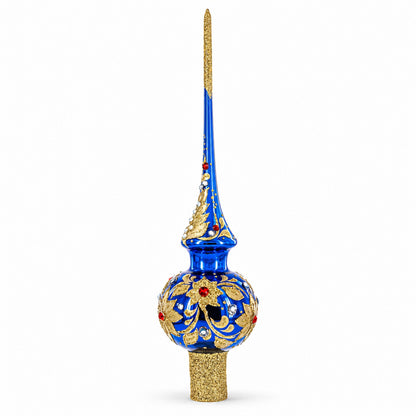 Royal Blue and Gold Floral Majesty Glass Christmas Tree Topper 11 Inches