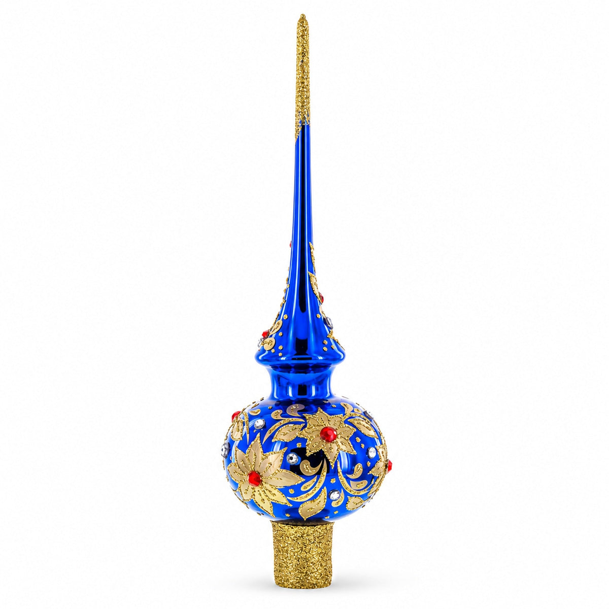 Royal Blue and Gold Floral Majesty Glass Christmas Tree Topper 11 Inches