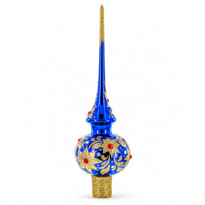 Royal Blue and Gold Floral Majesty Glass Christmas Tree Topper 11 Inches