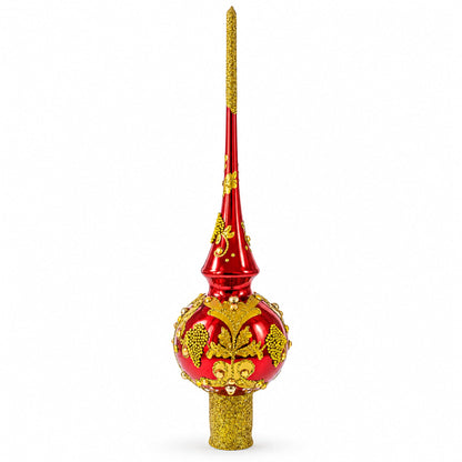 Luxurious Crimson Red with Golden Glitter Glass Christmas Tree Topper