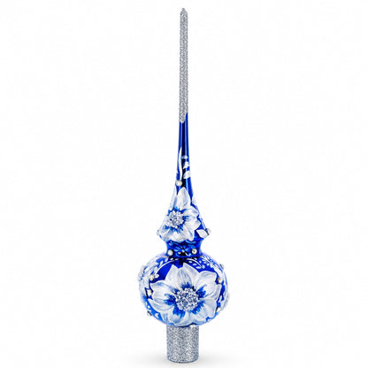 Elegant Cobalt Bloom with Glittering Accents Glass Christmas Tree Topper 11 Inches