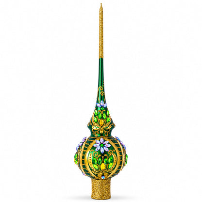 Enchanted Emerald Jeweled Green Glass Christmas Tree Topper 11 Inches