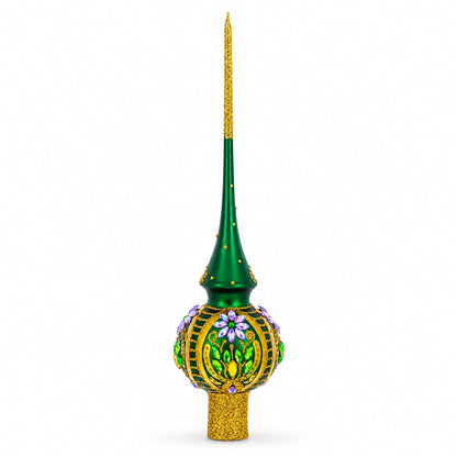 Enchanted Emerald Jeweled Green Glass Christmas Tree Topper 11 Inches