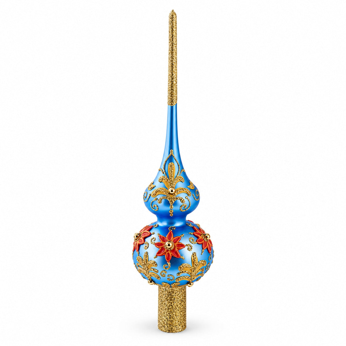 Exquisite Blue and Gold Floral Glass Tree Topper
