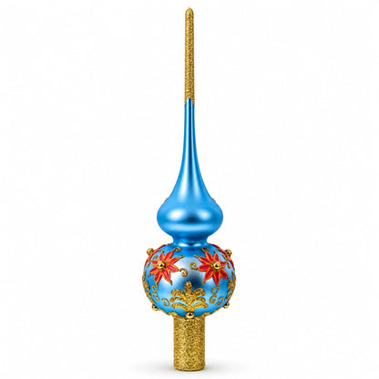 Exquisite Blue and Gold Floral Glass Tree Topper