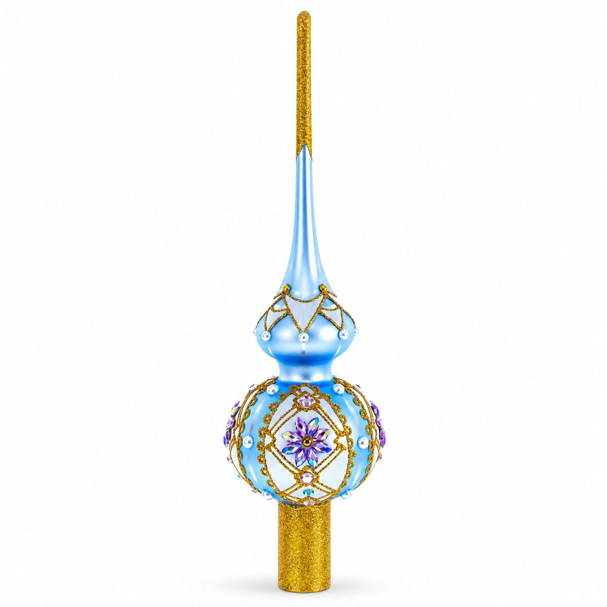 Elegant Blue and Purple Jewel-Encrusted Glass  Tree Topper 11 Inches