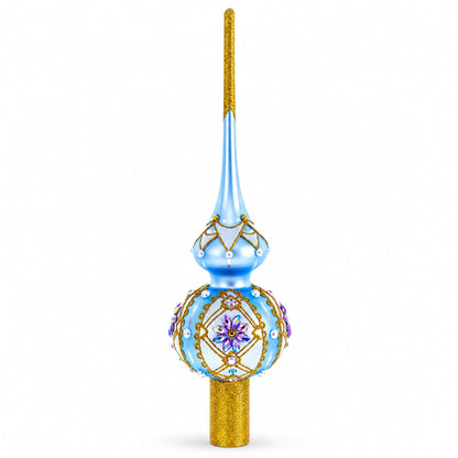 Elegant Blue and Purple Jewel-Encrusted Glass  Tree Topper 11 Inches
