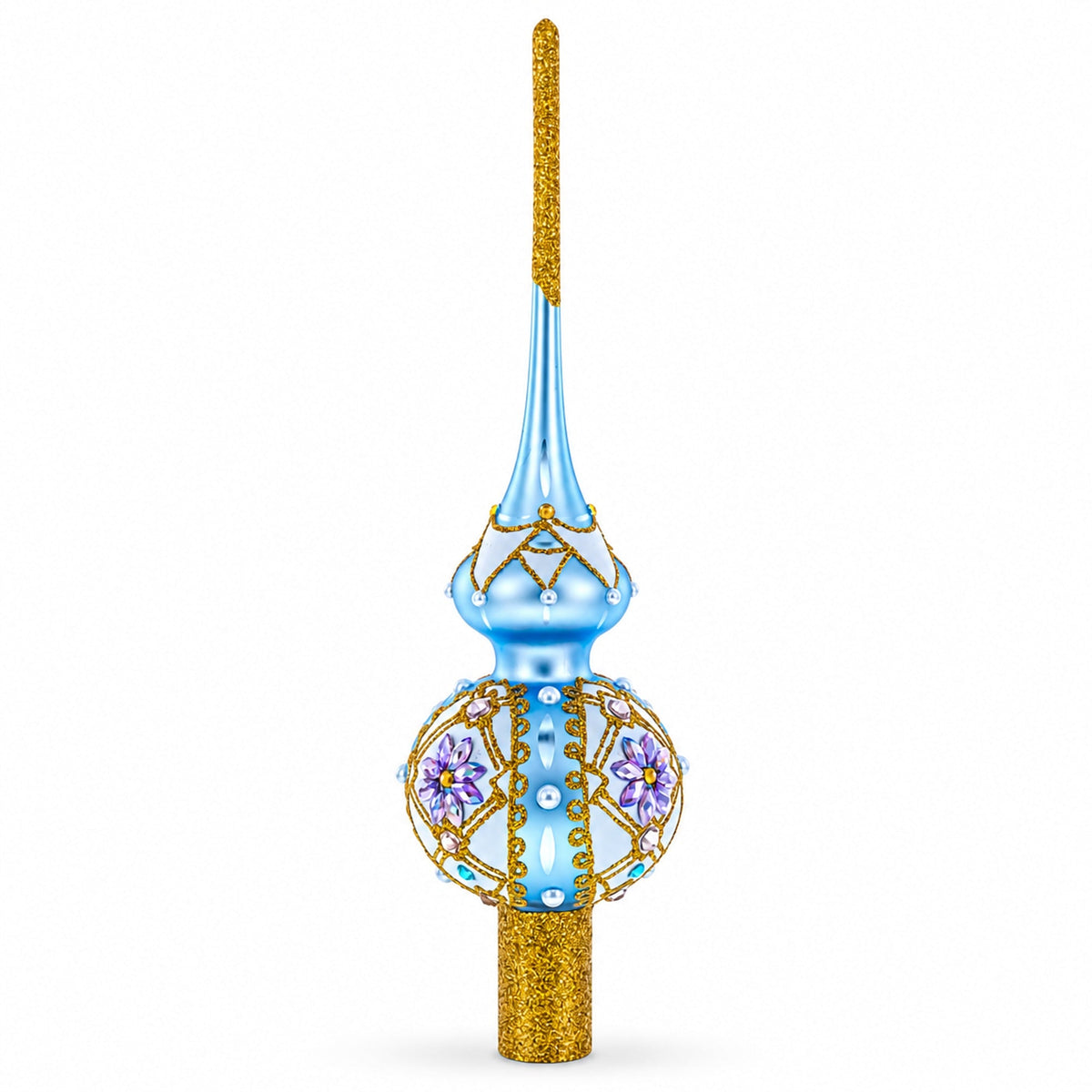 Elegant Blue and Purple Jewel-Encrusted Glass  Tree Topper 11 Inches