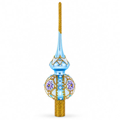 Elegant Blue and Purple Jewel-Encrusted Glass  Tree Topper 11 Inches