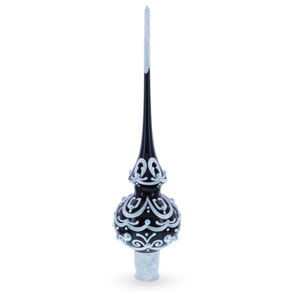 Black & White Scroll Pear Glass Christmas Tree Topper 11 Inches
