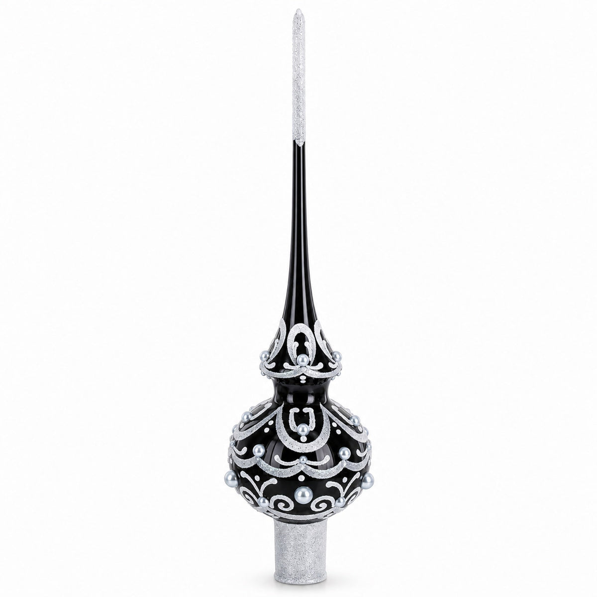 Black & White Scroll Pear Glass Christmas Tree Topper 11 Inches