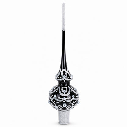 Black & White Scroll Pear Glass Christmas Tree Topper 11 Inches