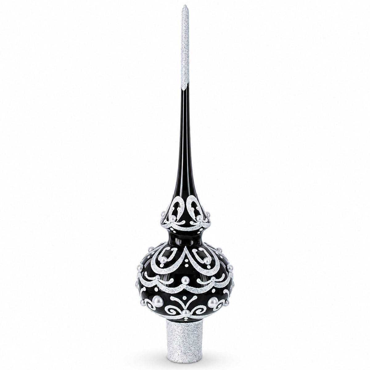 Black & White Scroll Pear Glass Christmas Tree Topper 11 Inches