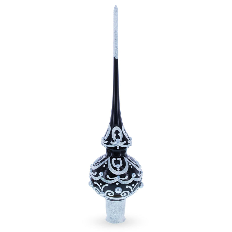 Black & White Scroll Pear Glass Christmas Tree Topper 11 Inches