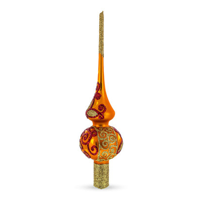 Sparkling Leaves on Gold Glass Christmas Tree Topper 11 Inches