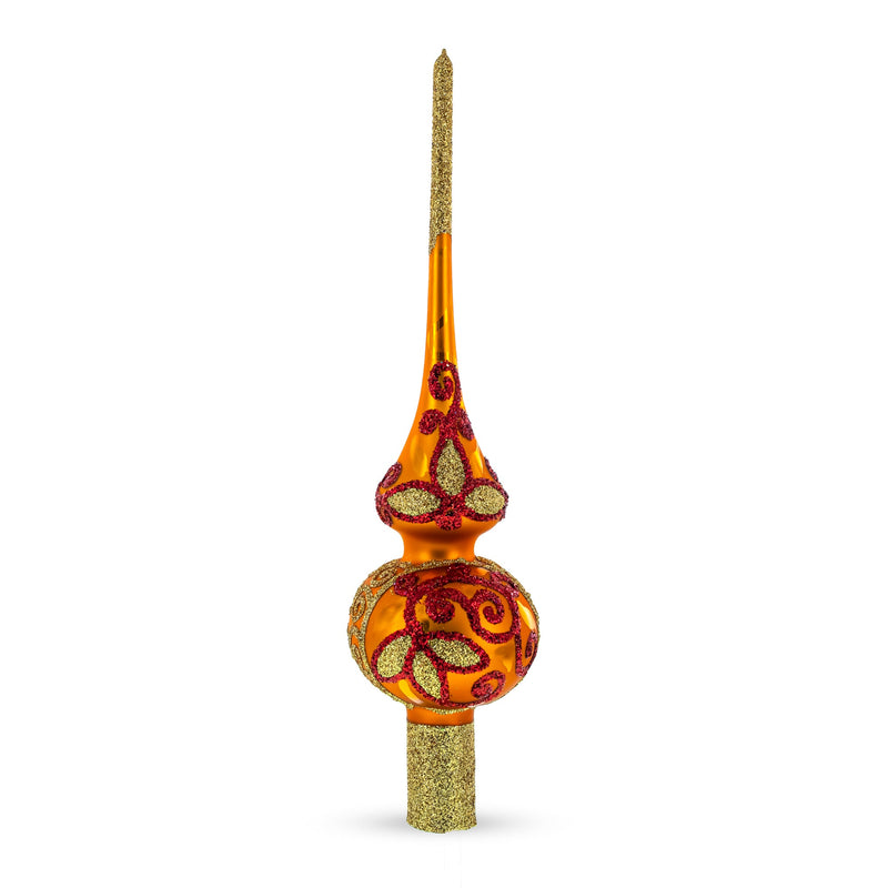 Sparkling Leaves on Gold Glass Christmas Tree Topper 11 Inches