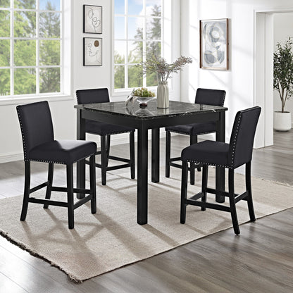 5 Piece Counter Height Dining Set With Table, Tufted Nail Head Chairs - Black