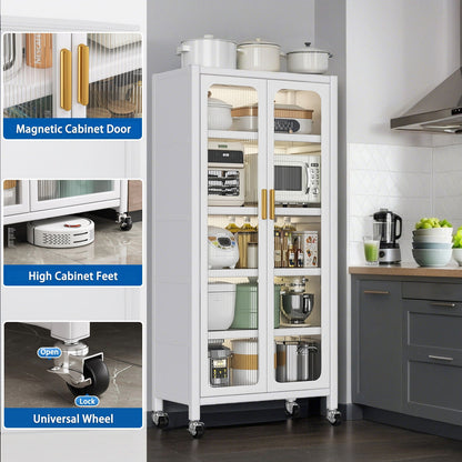 6 Tier Storage Cabinet With Transparent Door, Adjustable Shelves & Wheels