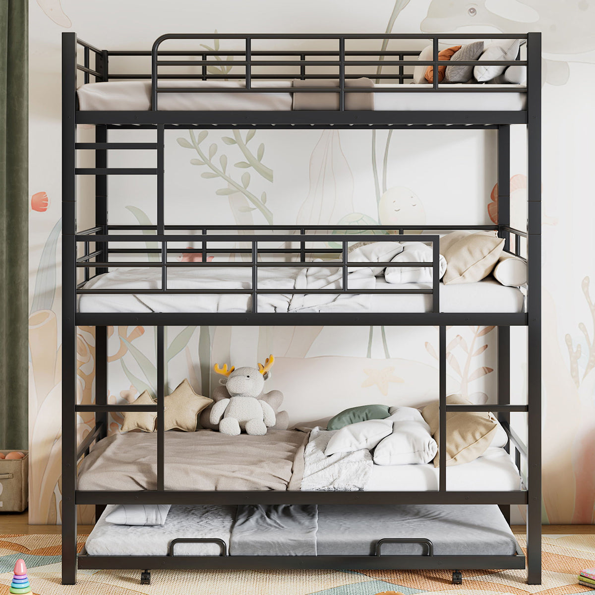 Triple Bunk Bed With Trundle, Heavy Duty Steel Construction