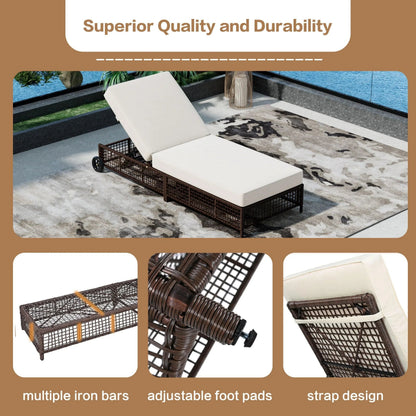 Outdoor Lounge Chair, Patio Chaise Lounge with 5-Position Backrest, Rattan Outdoor Lounge Chair with Cushion and Wheels for Poolside, Backyard, Garden