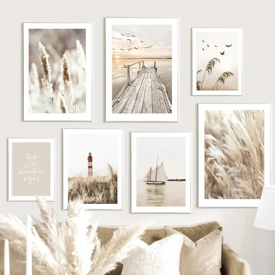 Coastal beige grass canvas wall art bedroom decor