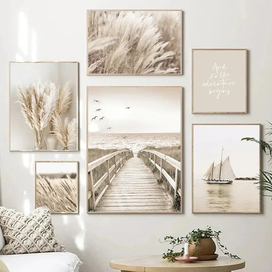 Coastal beige grass canvas wall art bedroom decor