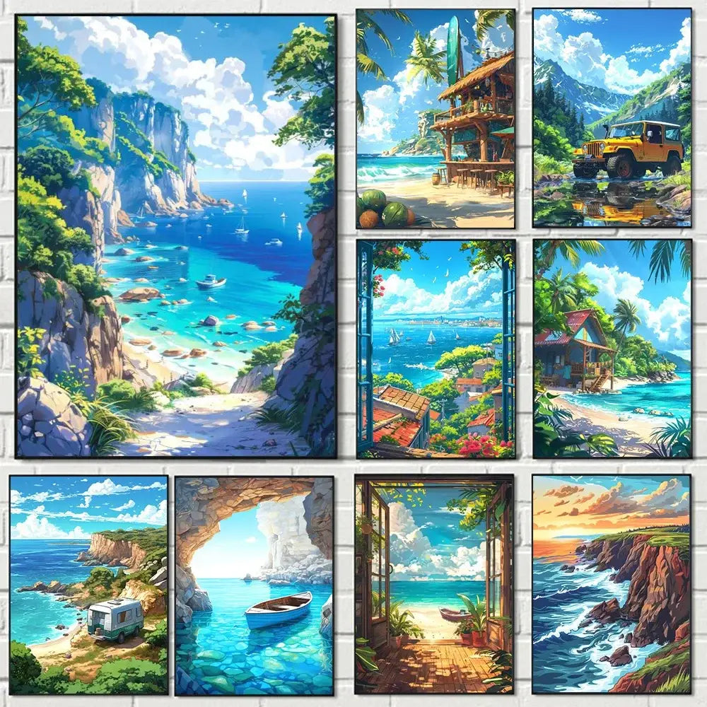Tropical beach canvas wall art set of 9 living room decor