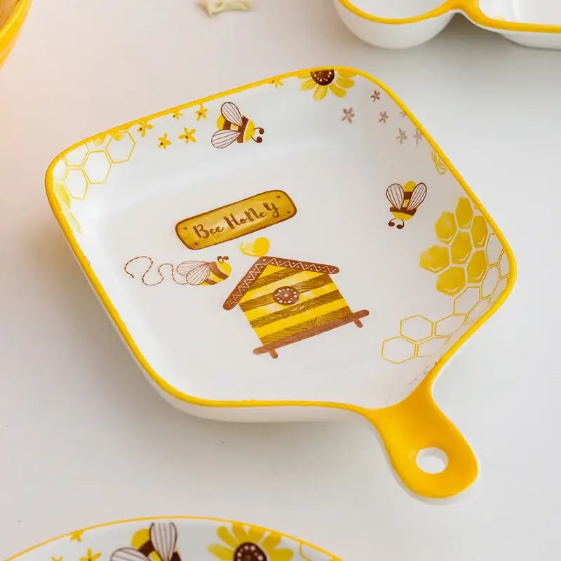 Bee ceramic plate with honeycomb handle – white & yellow kitchen tray