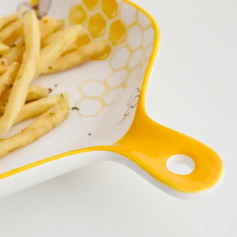 Bee ceramic plate with honeycomb handle – white & yellow kitchen tray