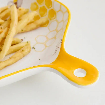 Bee ceramic plate with honeycomb handle – white & yellow kitchen tray
