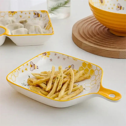 Bee ceramic plate with honeycomb handle – white & yellow kitchen tray