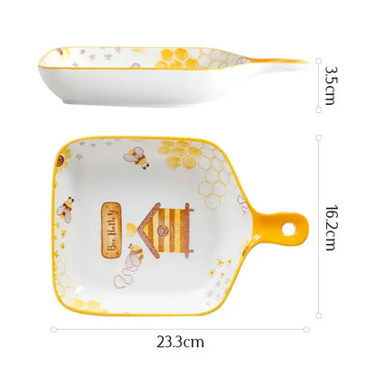 Bee ceramic plate with honeycomb handle – white & yellow kitchen tray