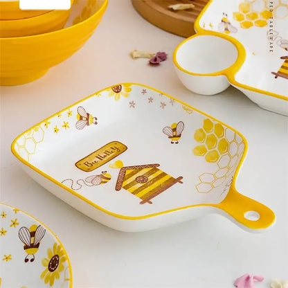 Bee ceramic plate with honeycomb handle – white & yellow kitchen tray