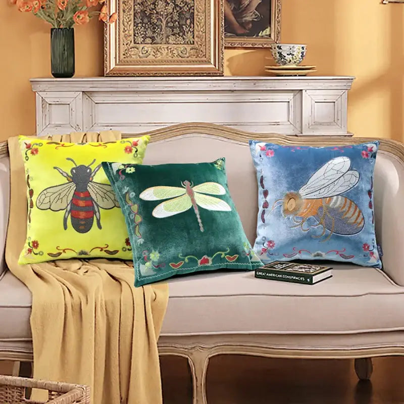 Bee embroidery cushion cover yellow green & blue living room decor