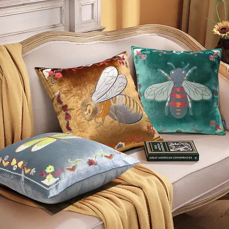 Bee embroidery cushion cover yellow green & blue living room decor