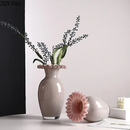 Beige and pink flower edge ceramic vases with tray for living room