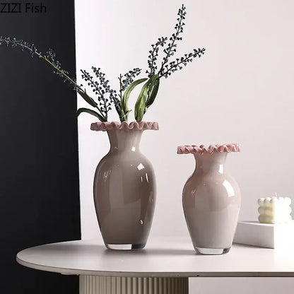 Beige and pink flower edge ceramic vases with tray for living room