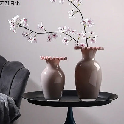 Beige and pink flower edge ceramic vases with tray for living room