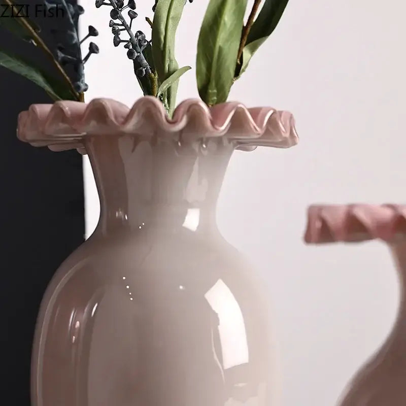 Beige and pink flower edge ceramic vases with tray for living room