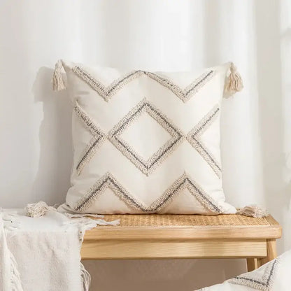 Beige and white geometric embroidery tassel cushion cover living room