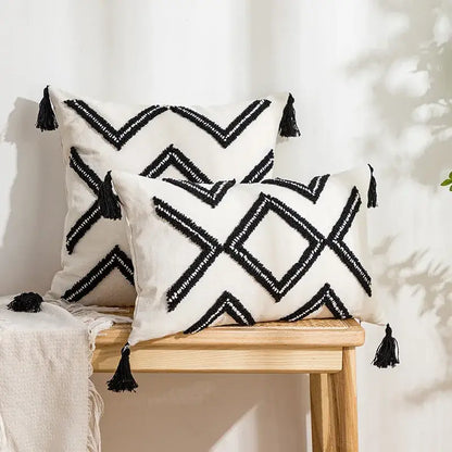 Beige and white geometric embroidery tassel cushion cover living room