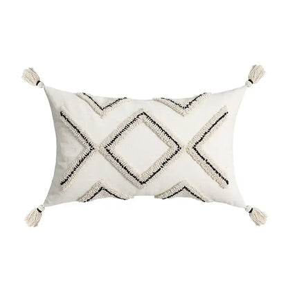 Beige and white geometric embroidery tassel cushion cover living room