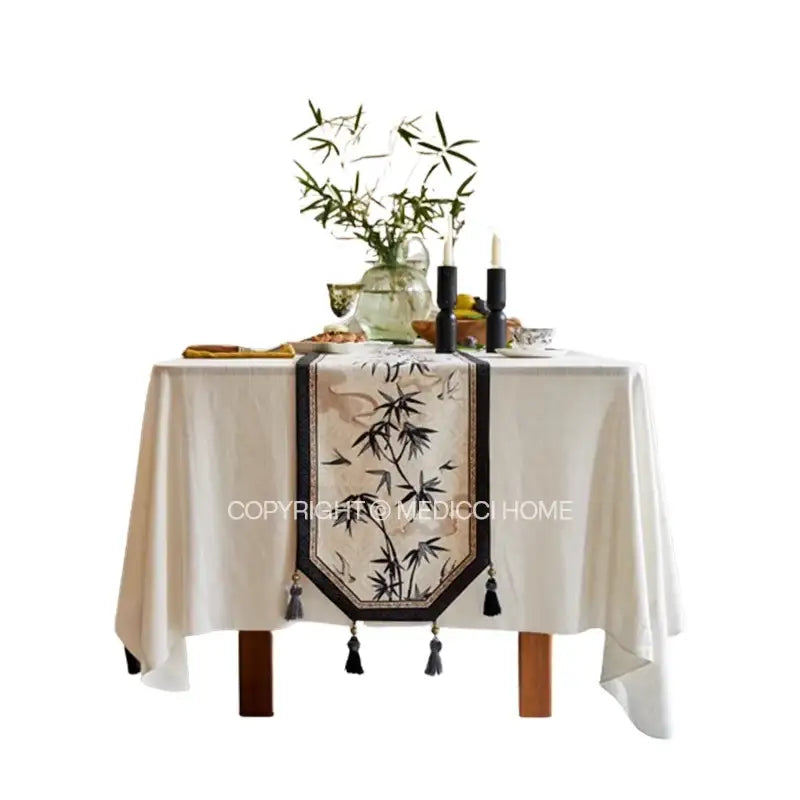 Beige bamboo leaf swallow print table runner for dining room decor