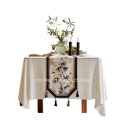 Beige bamboo leaf swallow print table runner for dining room decor