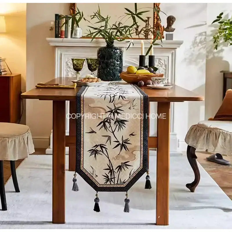 Beige bamboo leaf swallow print table runner for dining room decor